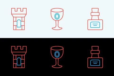Set line Bottle with potion, Castle tower and Medieval goblet icon. Vector Stock Illustration