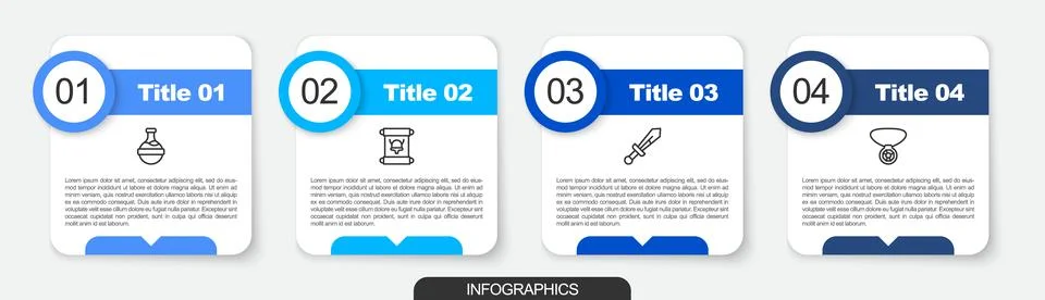 Set line Bottle with potion, Decree, parchment, scroll, Medieval sword and .. Stock Illustration
