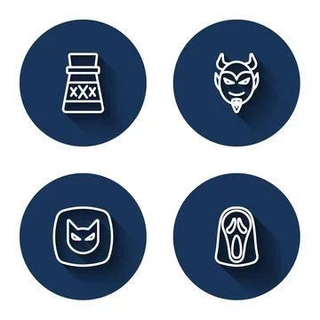 Set line Bottle with potion, Devil head, Black cat and Funny and scary ghost Stock Illustration