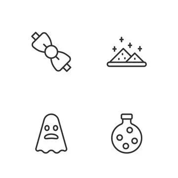 Set line Bottle with potion, Ghost, Bow tie and Magic powder icon. Vector Stock Illustration