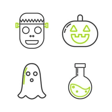 Set line Bottle with potion, Ghost, Pumpkin and Zombie mask icon. Vector Stock Illustration