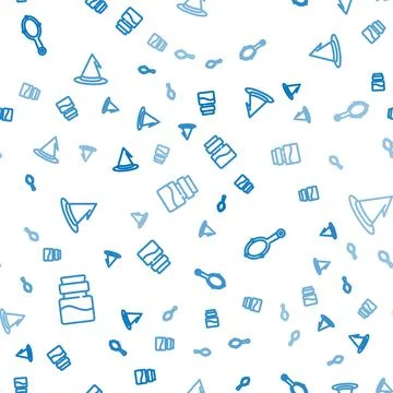 Set line Bottle with potion, Magic hand mirror and Witch hat on seamless pattern Stock Illustration