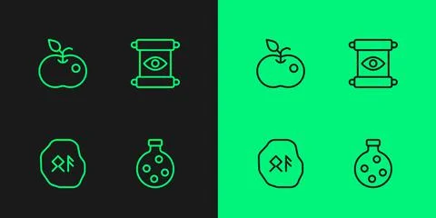 Set line Bottle with potion, Magic runes, Poison apple and scroll icon. Vector Illustrazione stock