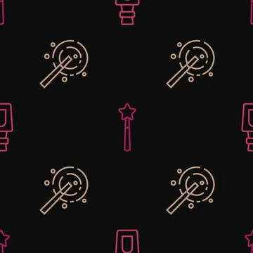 Set line Bottle with potion, Magic wand and on seamless pattern. Vector 스톡 일러스트
