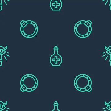 Set line Bottle with potion, Magic stone ring and staff on seamless pattern.. Stock Illustration