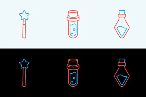 Set line Bottle with potion, Magic wand and  icon. Vector Illustrazione stock