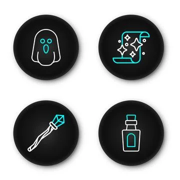 Set line Bottle with potion, Magic staff, scroll and Ghost icon. Vector Stock Illustration