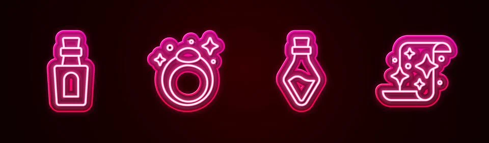 Set line Bottle with potion, Magic stone ring,  and scroll. Glowing neon ic.. Stock Illustration