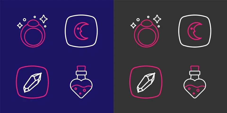 Set line Bottle with potion, Magic stone, Moon and stars and ring icon. Vecto Stock Illustration