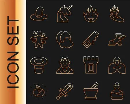 Set line Bottle with potion, Mantle, cloak, cape, Hermes sandal, Fire flame.. Ilustração Stock