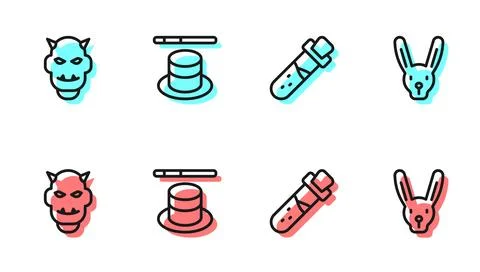 Set line Bottle with potion, Mask of the devil horns, Magic hat and wand an.. Stock Illustration