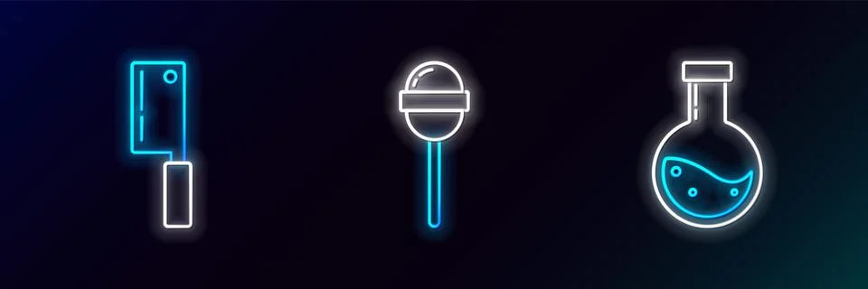 Set line Bottle with potion, Meat chopper and Lollipop icon. Glowing neon. .. Stock Illustration