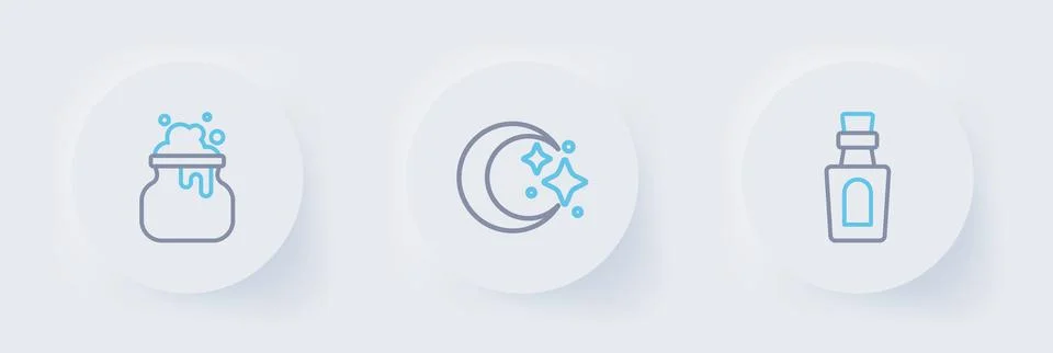 Set line Bottle with potion, Moon and stars and Witch cauldron icon. Vector Stock Illustration