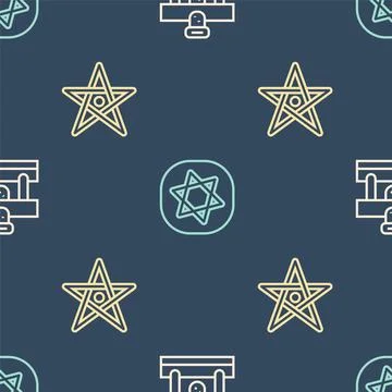 Set line Bottle with potion, Pentagram and Tarot cards on seamless pattern Stock Illustration