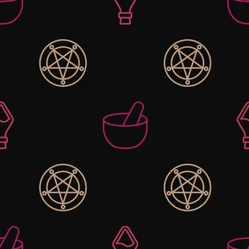 Set line Bottle with potion, Pentagram in a circle and Witch cauldron on Stock Illustration