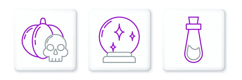 Set line Bottle with potion, Pumpkin and skull and Magic ball icon. Vector Stock Illustration