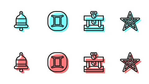 Set line Bottle with potion, Ringing alarm bell, Gemini zodiac and Pentagram Illustrazione stock