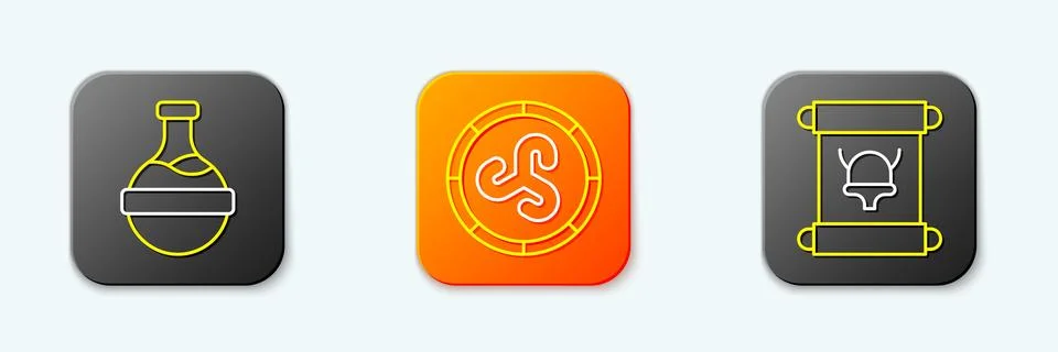 Set line Bottle with potion, Shield viking and Decree, parchment, scroll ic.. Illustrazione stock