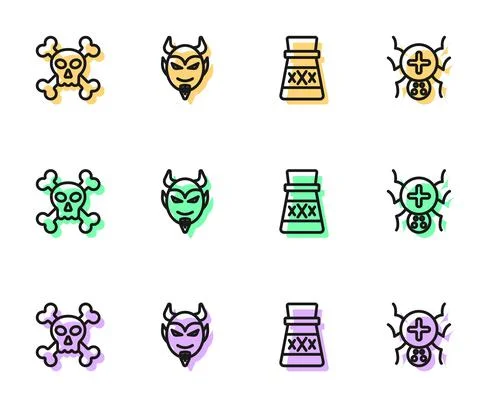 Set line Bottle with potion, Skull crossbones, Devil head and Spider icon Stock Illustration