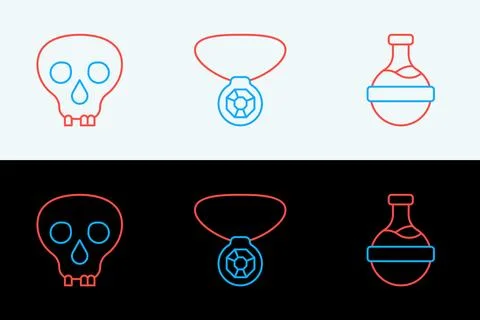Set line Bottle with potion, Skull and Necklace gem icon. Vector Stock Illustration