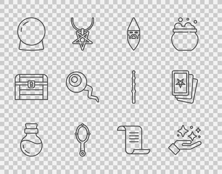 Set line Bottle with potion, Sparkle stars magic trick, Wizard warlock, Magic Stock-Illustration