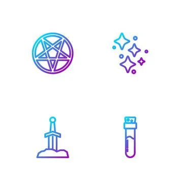 Set line Bottle with potion, Sword in the stone, Pentagram a circle and Sparkle Stock Illustration
