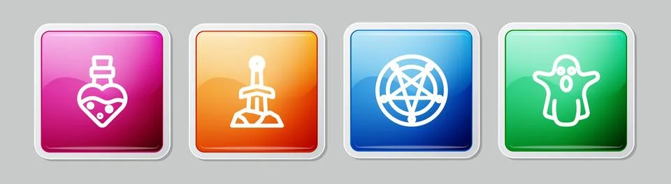 Set line Bottle with potion, Sword in the stone, Pentagram a circle and Ghost Stock Illustration