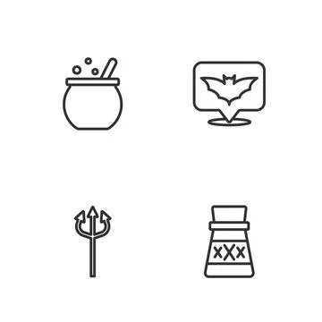 Set line Bottle with potion, Trident devil, Halloween witch cauldron and Flying Stock Illustration