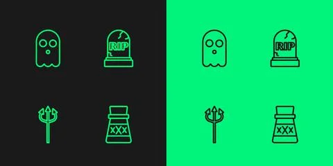 Set line Bottle with potion, Trident devil, Ghost and Tombstone RIP written icon Stock Illustration