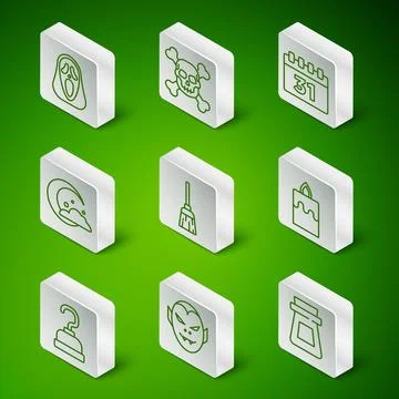 Set line Bottle with potion, Vampire, Funny and scary ghost mask, Witches b.. Ilustración de archivo