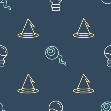 Set line Bottle with potion, Witch hat and Eye on seamless pattern. Vector Stock Illustration