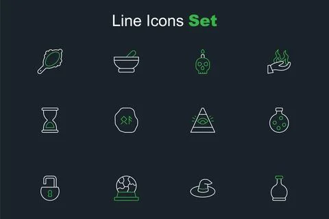 Set line Bottle with potion, Witch hat, Magic ball, Open padlock, All-seein.. Stock Illustration