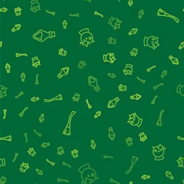 Set line Bottle with potion, Witches broom and Magic ball on seamless pattern Stock Illustration