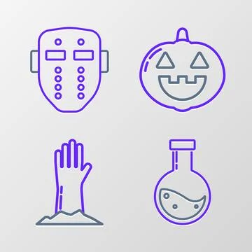 Set line Bottle with potion, Zombie hand, Pumpkin and Hockey mask icon. Vector Stock Illustration