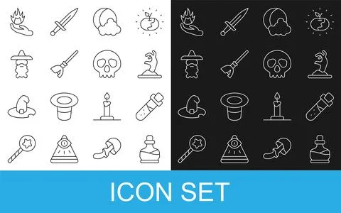Set line Bottle with potion, Zombie hand, Moon stars, Witches broom, Wizard.. Stock-Illustration
