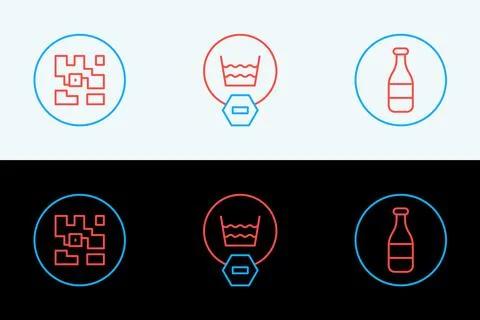 Set line Bottle, QR code and Delicate wash icon. Vector Stock Illustration