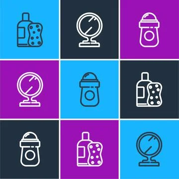 Set line Bottle of shampoo and sponge, Antiperspirant deodorant roll and Round Illustration
