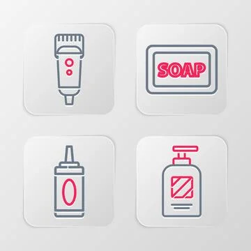 Set line Bottle of shampoo, Bar soap with foam and Electrical hair clipper .. Stock Illustration