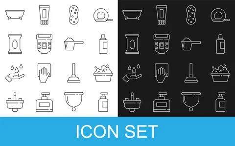 Set line Bottle of shampoo, Basin with soap suds, for cleaning agent, Sponge Stock Illustration