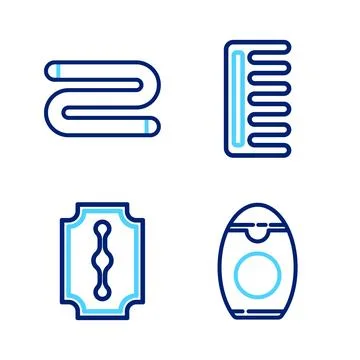 Set line Bottle of shampoo, Blade razor, Hairbrush and Towel icon. Vector Stock Illustration
