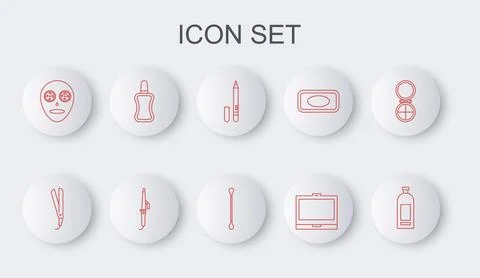 Set line Bottle of shampoo, Curling iron, Eyeliner, eyebrow, Makeup powder .. Illustrazione stock