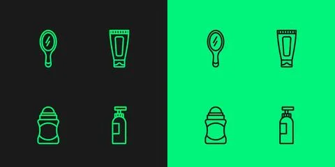 Set line Bottle of shampoo, Deodorant roll, Hand mirror and Cream lotion Illustration