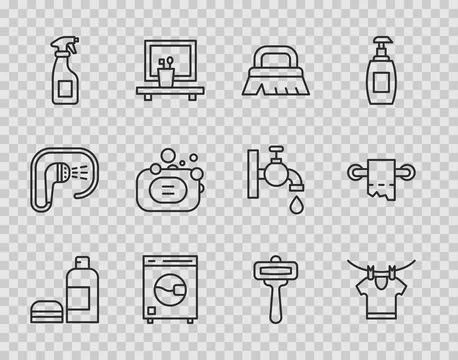 Set line Bottle of shampoo, Drying clothes, Brush for cleaning, Washer, Cle.. Stock Illustration