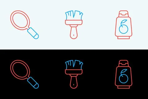 Set line Bottle of shampoo, Hand mirror and Shaving brush icon. Vector Stock Illustration