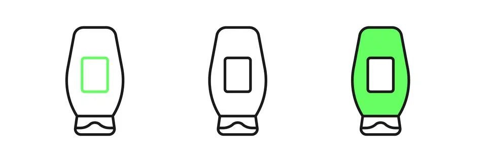 Set line Bottle of shampoo icon isolated on white background.  Vector Stock Illustration