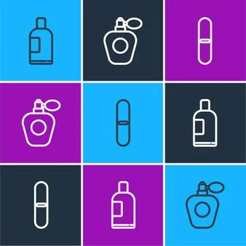 Set line Bottle of shampoo, Nail file and Perfume icon. Vector Illustration