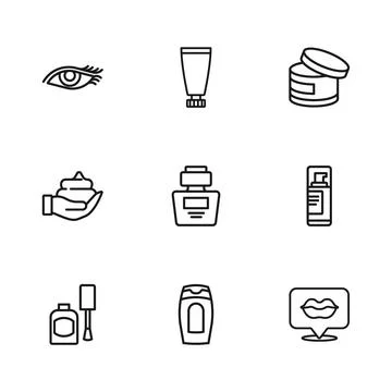 Set line Bottle of shampoo, Shaving gel foam, Smiling lips, Perfume, Cream .. Stock Illustration