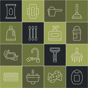 Set line Bottle of shampoo, Shower head, Antiperspirant deodorant roll, Was.. Illustration