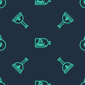 Set line Bottle with ship inside, Wooden pirate leg and Bomb ready to explode Stock Illustration