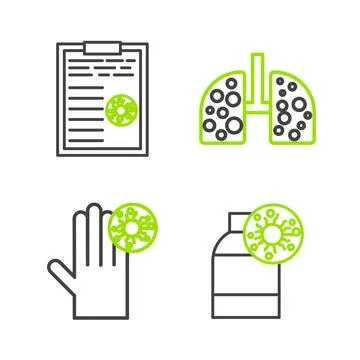 Set line Bottle with virus, Hand, Virus cells in lung and Clipboard blood t.. Stock Illustration
